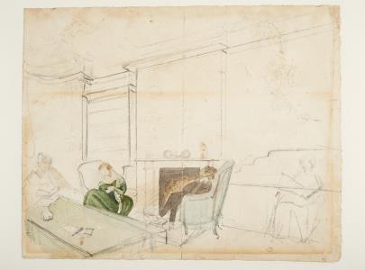 interior of a room with seated figures