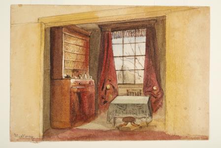 section of room with table and bookcase; landscape verso